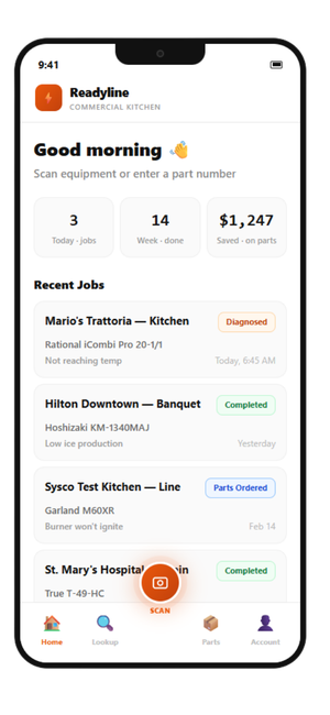 Readyline app home screen showing recent jobs, saved on parts, and equipment scan